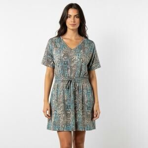 NWT LIVE WELL Active XL Dress Teal Aztec Graphic Tunic Drawstring Waist V Neck